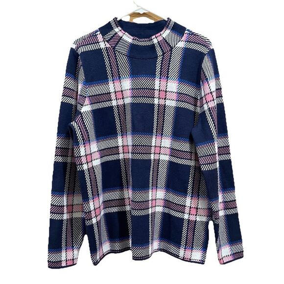 Lands' End Sweater Women's size‎ Large Blue Pink Plaid Pullover Mock Neck Casual - Picture 1 of 7